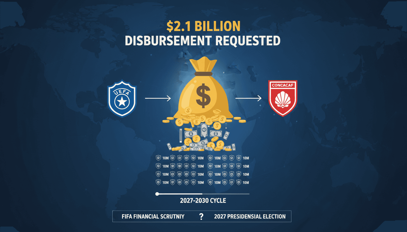 Infographic showing UEFA and CONCACAF's demand for FIFA to release $2.1 billion from reserves for member associations.