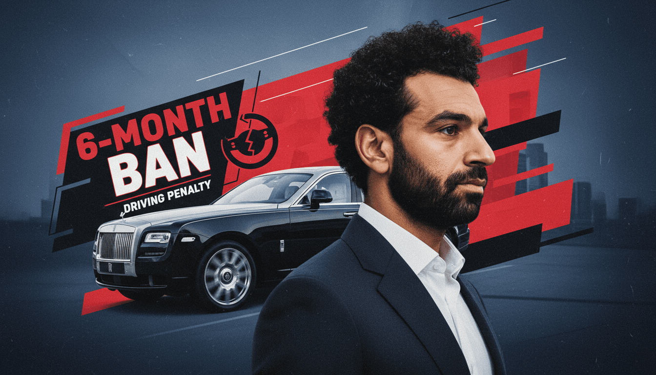 Mohamed Salah with a "6-Month Ban" overlay, illustrating his recent driving incident and its legal implications.