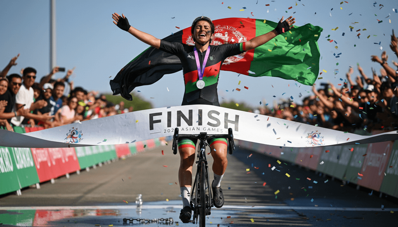 Fariba Hashimi crossing the finish line, celebrating her silver medal win at the Asian Games, symbolizing resilience and empowerment.