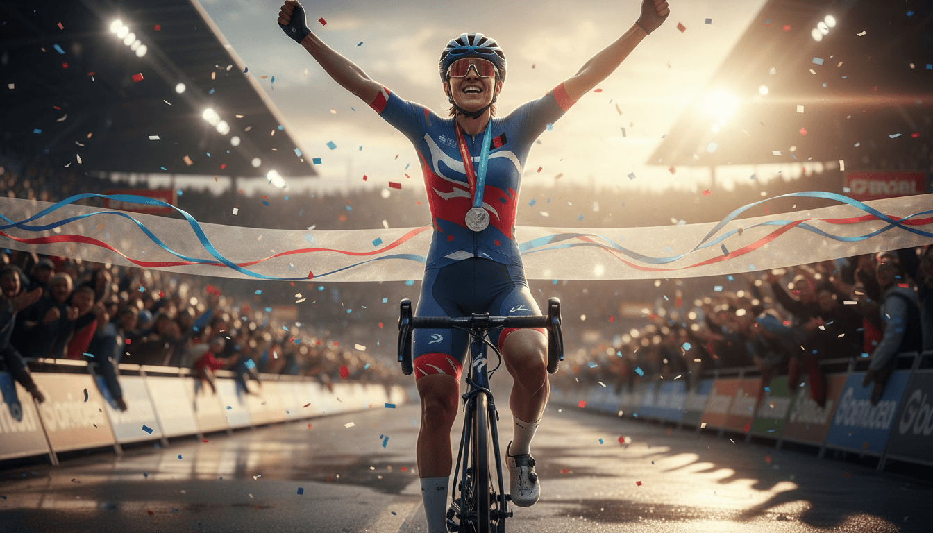 Fariba Hashimi crossing the finish line, celebrating her silver medal win at the Asian Games.