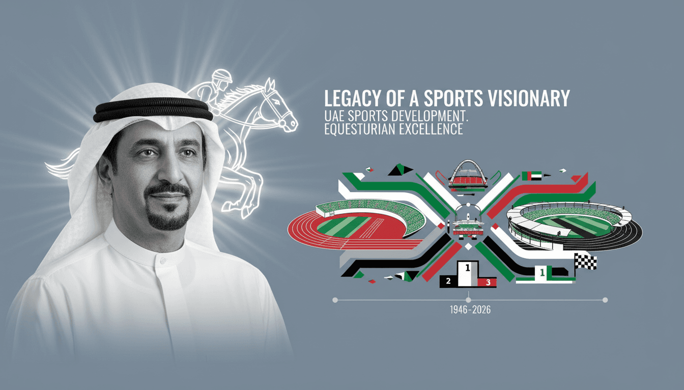 Sheikh Ahmed bin Rashid Al Maktoum, a key figure in UAE sports, with highlights of his contributions to equestrian and marine sports.