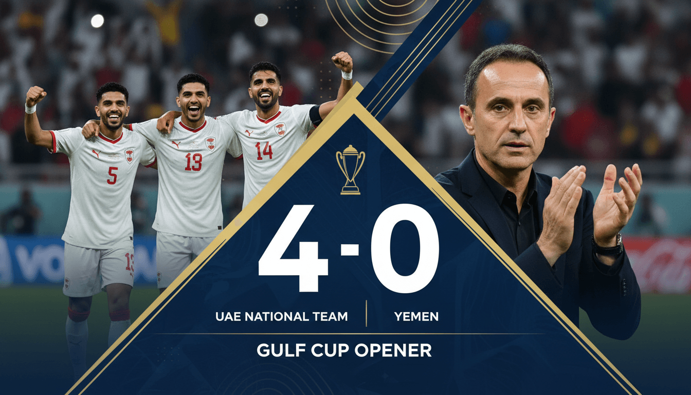 UAE national football team celebrating their 4-0 victory over Yemen in the Gulf Cup.