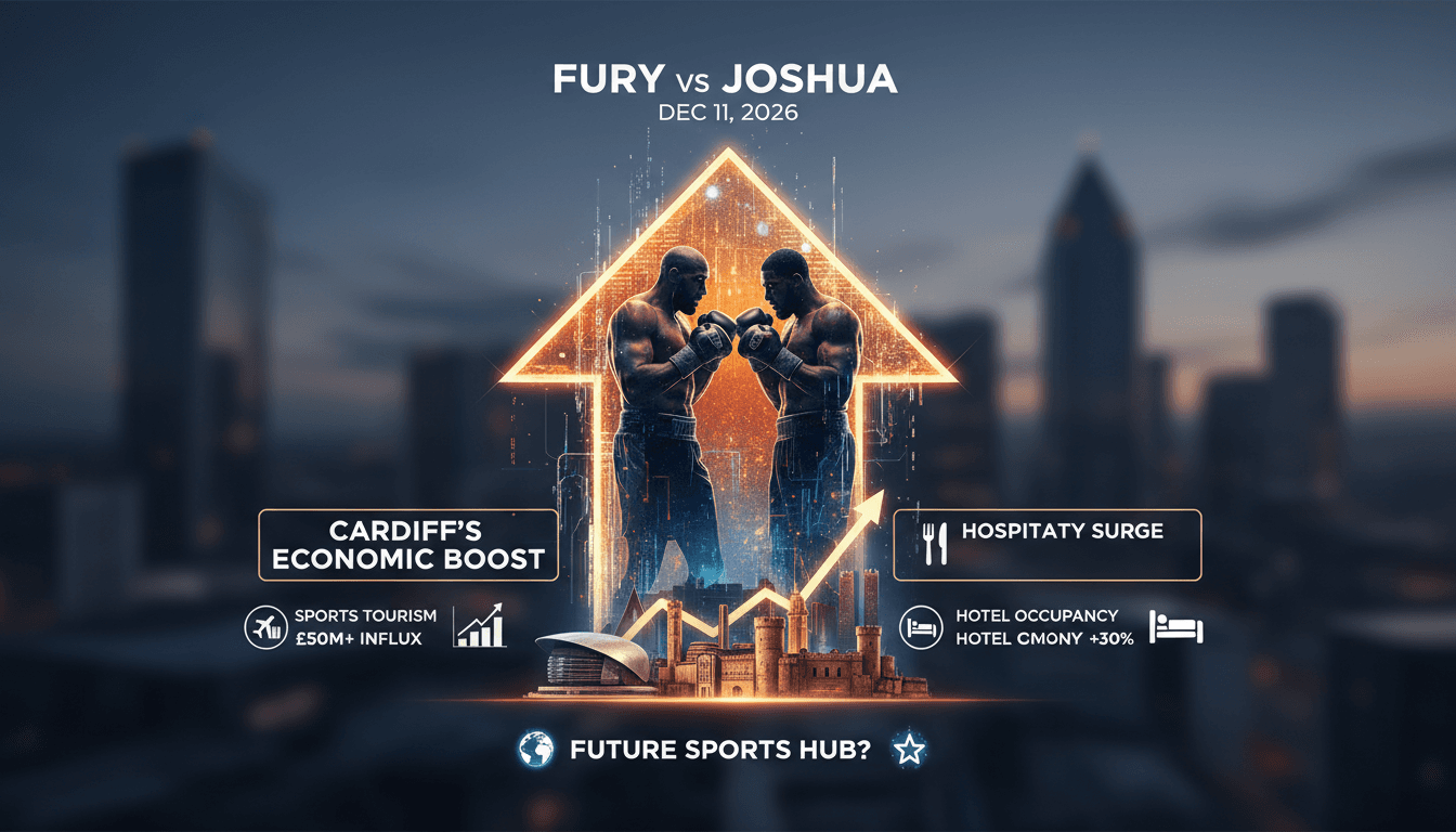 A vibrant scene of Cardiff preparing for the Fury vs Joshua boxing match, showcasing local businesses and tourism activity.