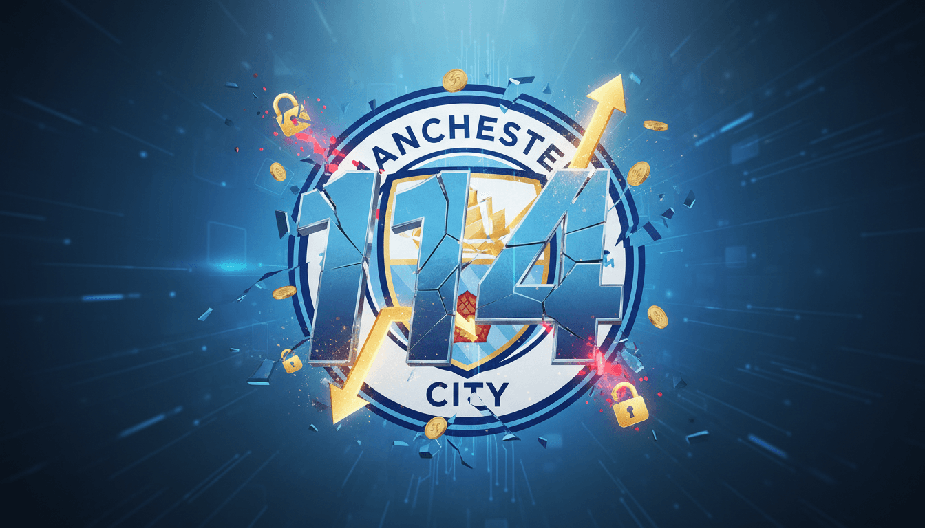 A graphic featuring the number 114 alongside Manchester City's logo and financial symbols.
