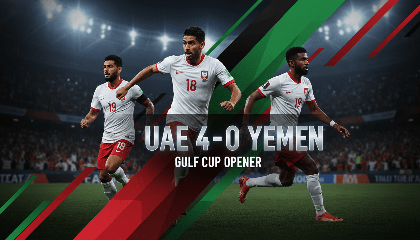 UAE national football team celebrating their 4-0 victory over Yemen in the Gulf Cup 27 opener, highlighting coach Zlatko Dalic's debut.