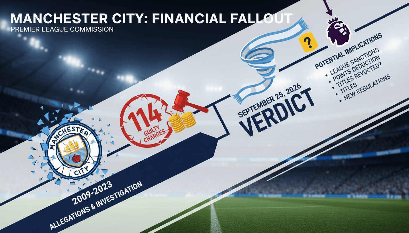 Infographic showing Manchester City's financial charges timeline and implications for football.
