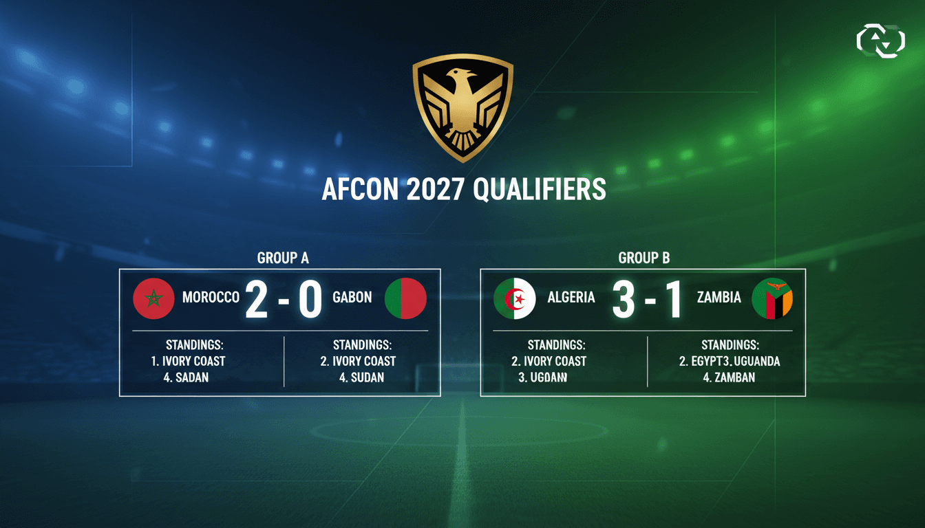 Graphic showing Morocco and Algeria's victories in AFCON 2027 qualifiers, with Egypt's draw against Angola.