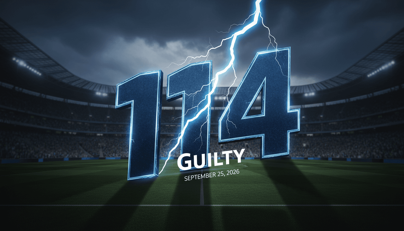 A football stadium with a bold graphic highlighting Manchester City's 114 financial charges.