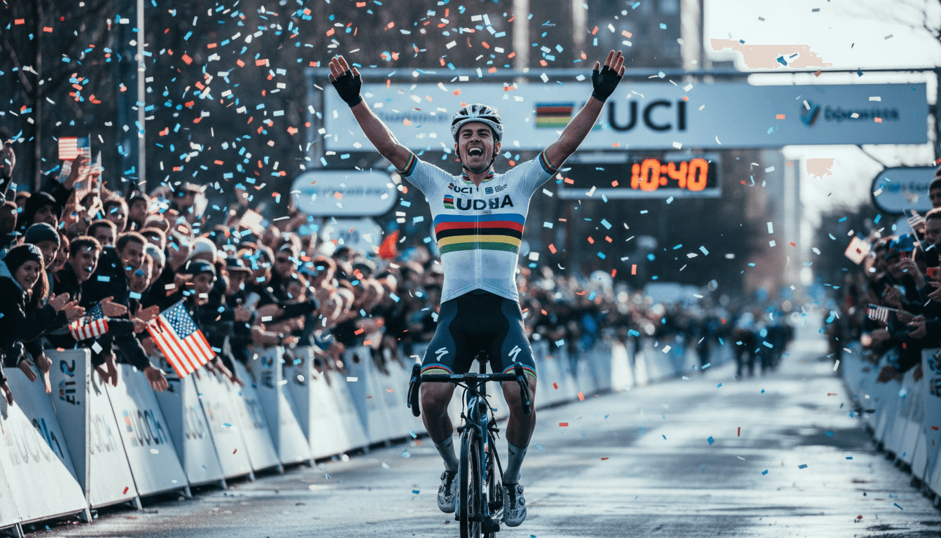 Brandon McNulty celebrating his victory at the 2026 UCI Road World Championships in Montreal, wearing the rainbow jersey.