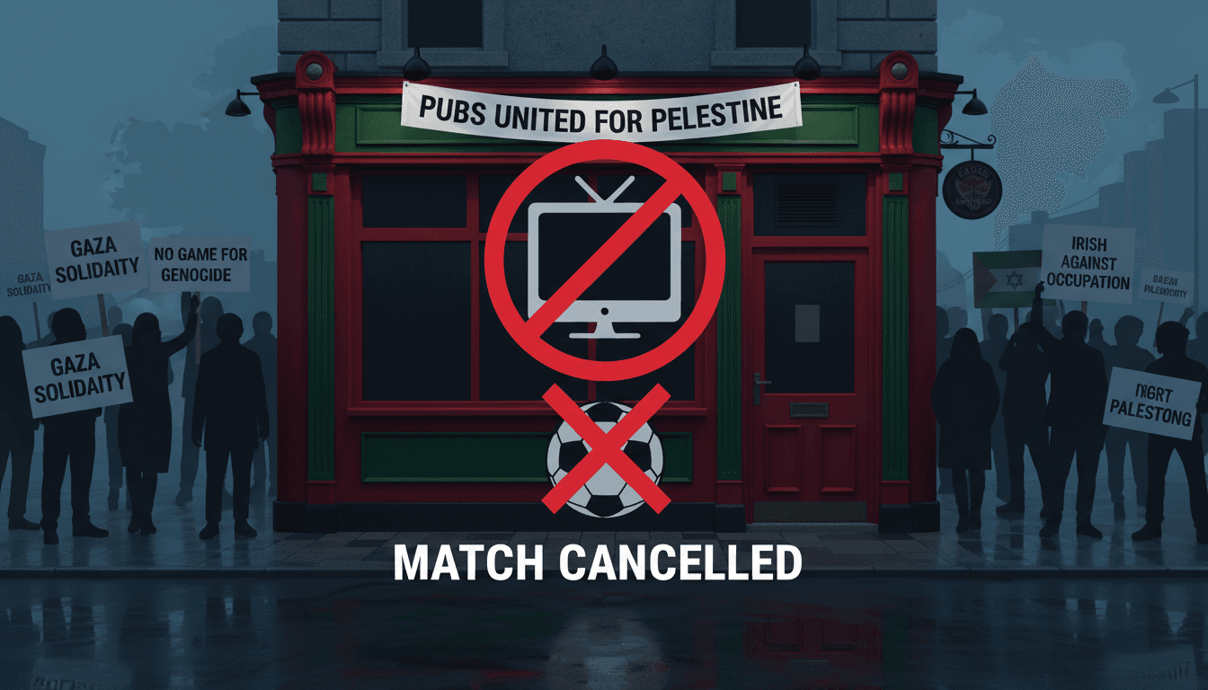 A graphic showing Irish pubs participating in a boycott against the Israel match, emphasizing sports activism and ethical consumption.