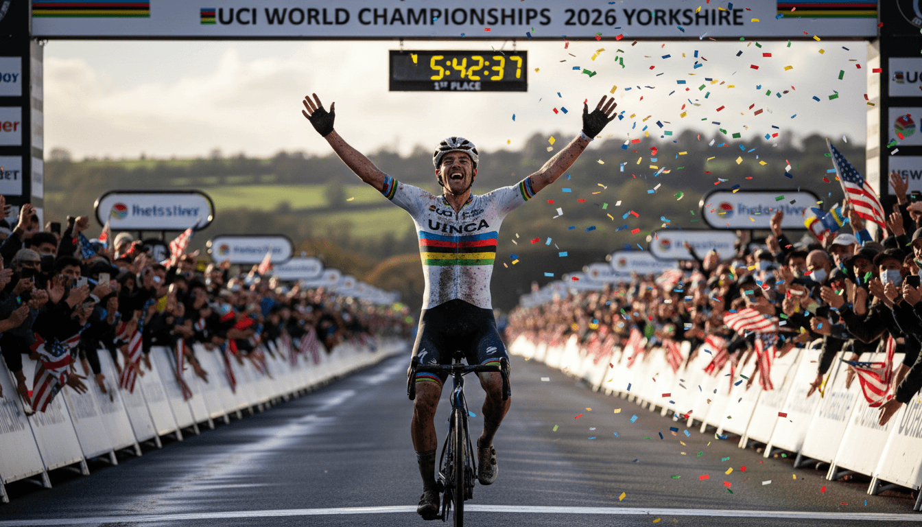 Brandon McNulty celebrating his victory at the UCI Road World Championships, wearing the rainbow jersey.