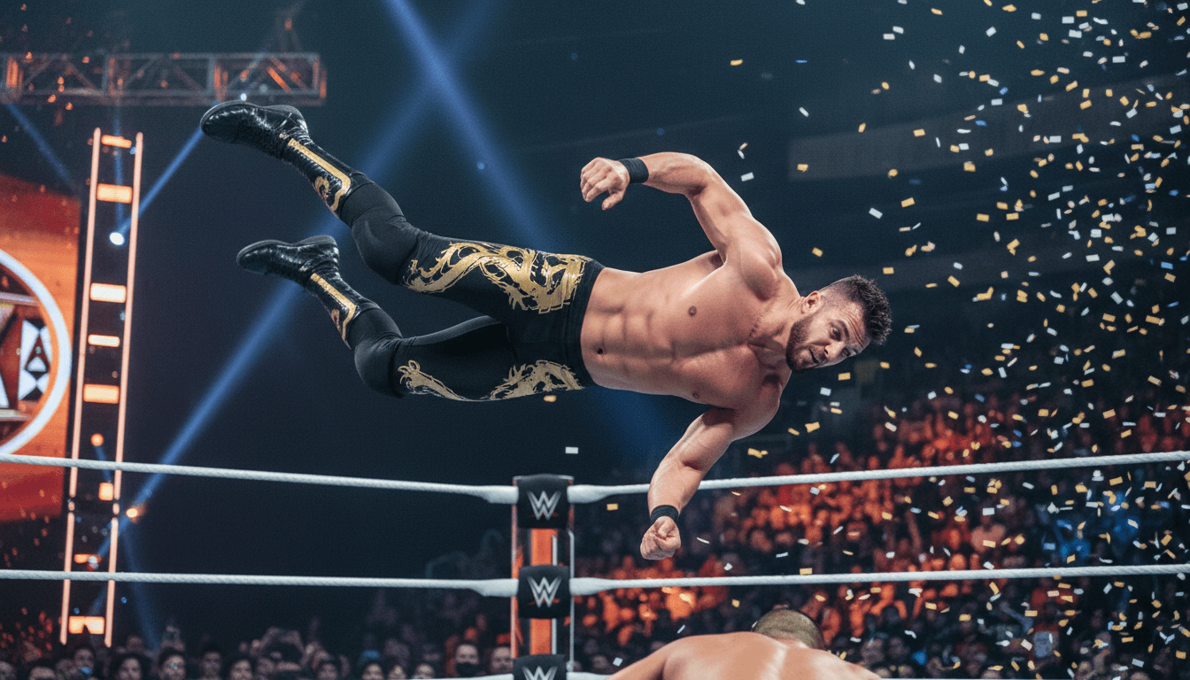 A dynamic shot of Pac performing in the ring, showcasing his athleticism and the impact of his legacy in wrestling.