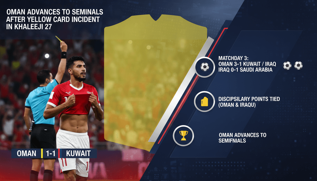 Omani player Musab Al-Shaqsi receiving a yellow card after celebrating a goal, impacting Gulf Cup standings.