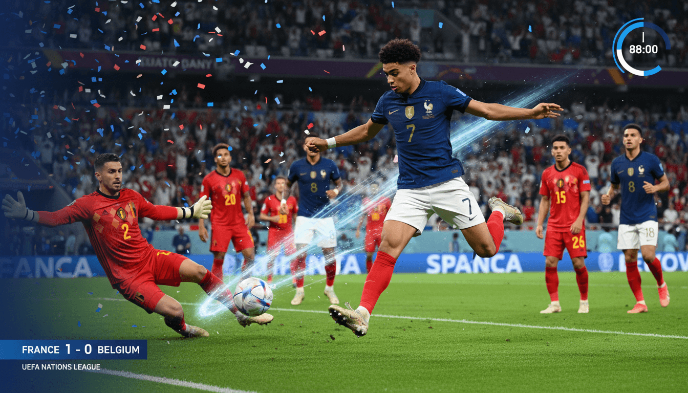 Michael Olise scoring the winning goal for France against Belgium in the UEFA Nations League.