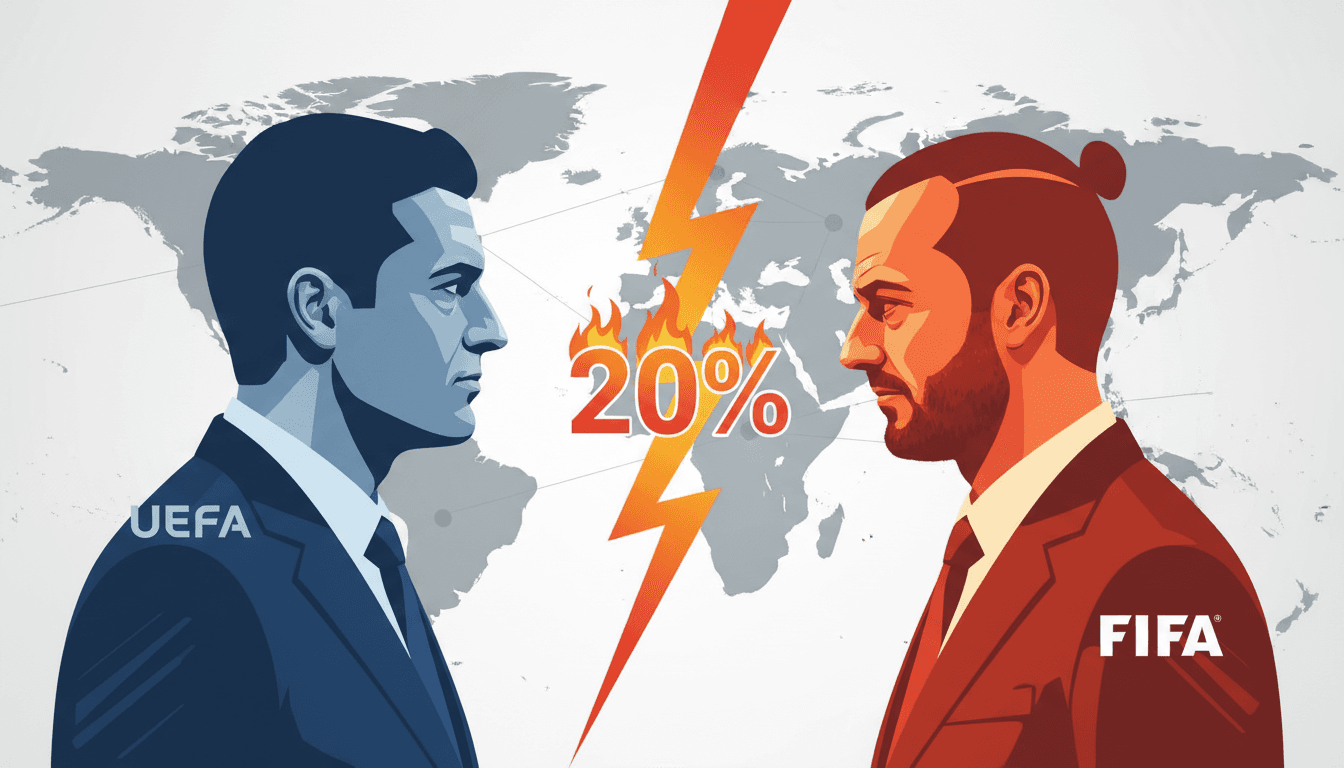 A graphic showing UEFA President Ceferin criticizing FIFA President Infantino, highlighting governance tensions in football.
