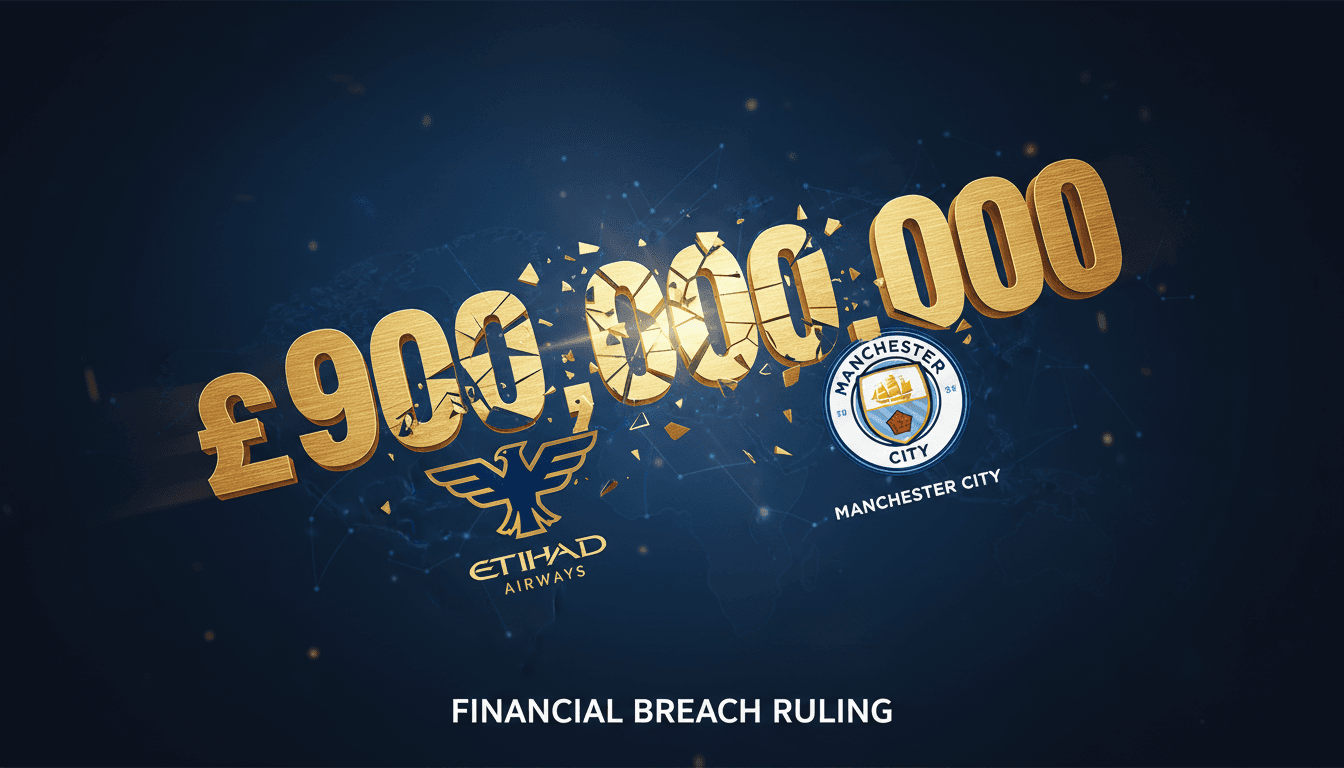 A graphic showing the £900 million figure related to Manchester City's financial breaches and logos of Etihad Airways and Manchester City.