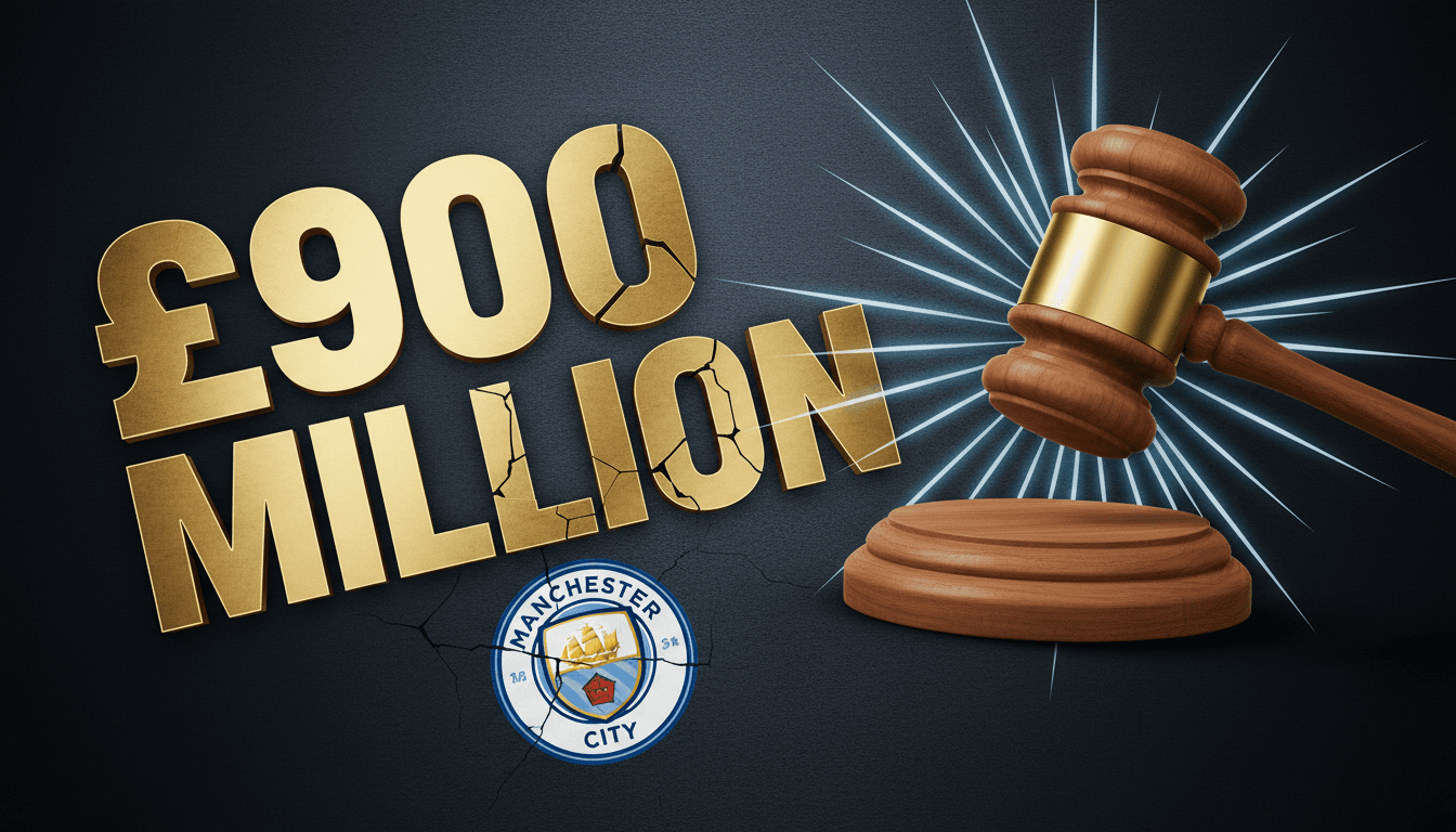 A graphic showing Manchester City's logo, £900 million figure, and a gavel symbolizing the financial breaches verdict.