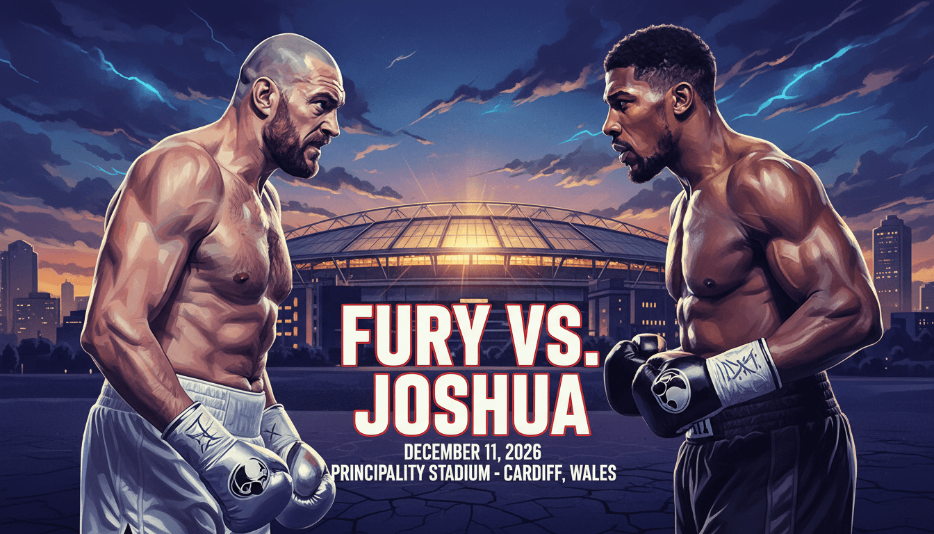 Tyson Fury and Anthony Joshua face off with fight details in a dramatic Cardiff setting.