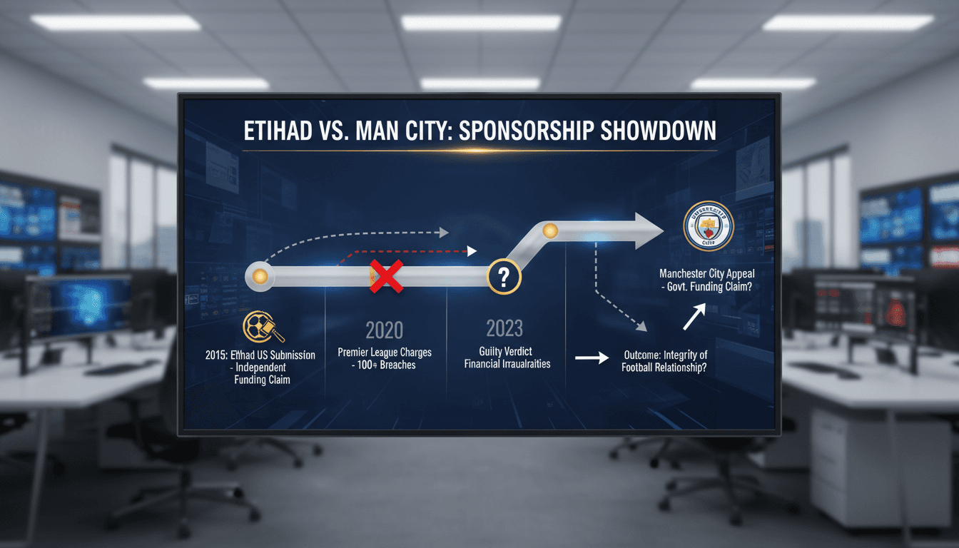 Infographic detailing Manchester City's financial breaches and the Etihad Airways contradiction in sponsorship funding.