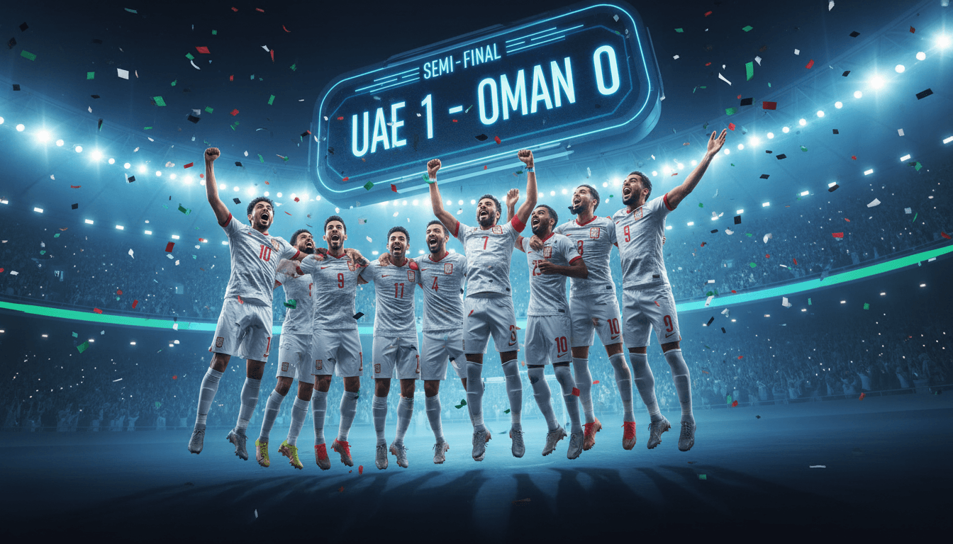 UAE national football team celebrating their semi-final victory in the Khaleeji 27 tournament.