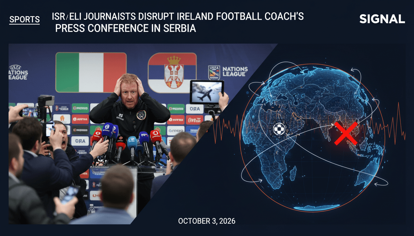 A tense moment from a disrupted sports press conference, highlighting geopolitical issues in sports.