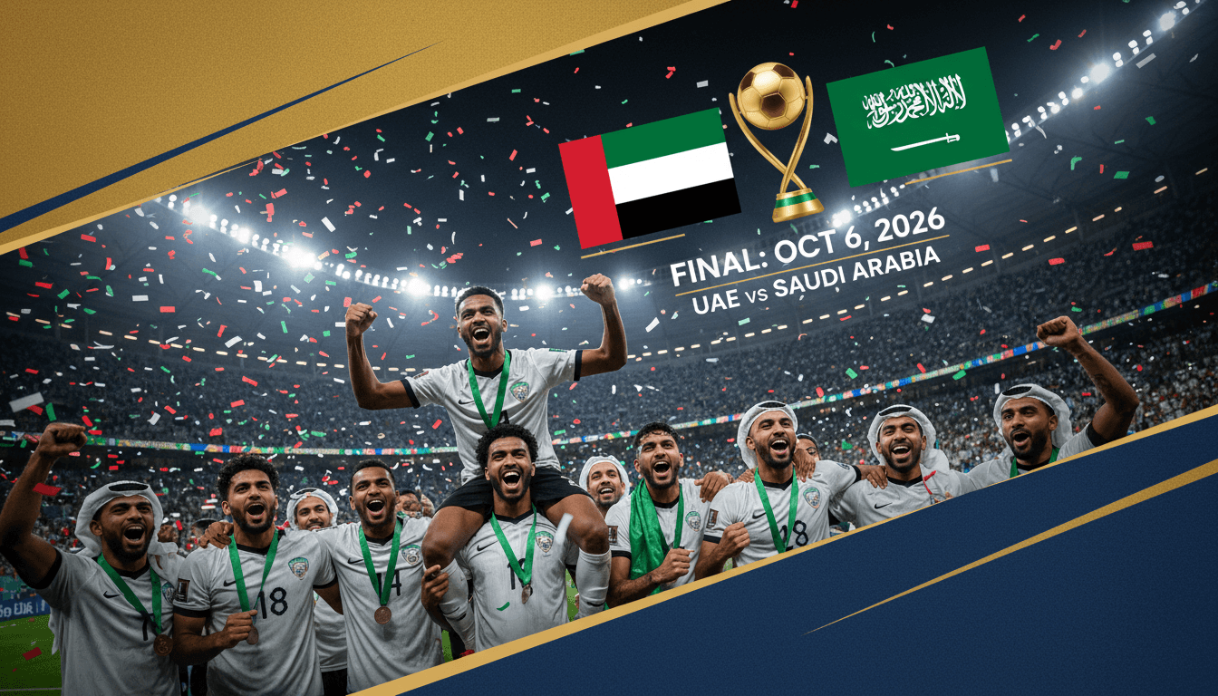 UAE national football team celebrating their semi-final victory in Khaleeji 27, preparing for the final match.