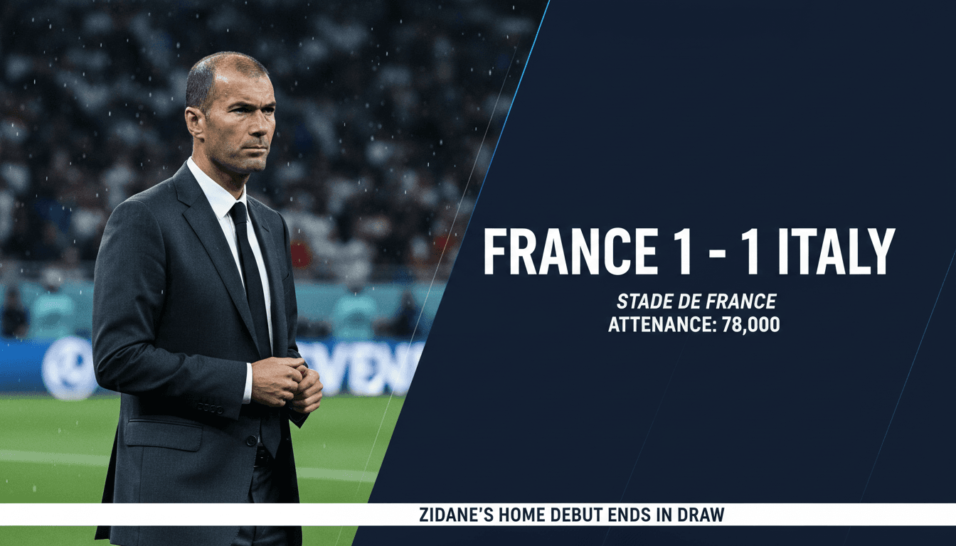 Zinedine Zidane coaching during the match against Italy, with fans in the background at Stade de France.