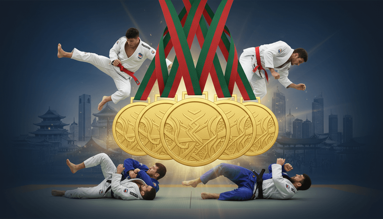 UAE jiu-jitsu team celebrating their record five gold medals at the 2026 Asian Games in Japan.