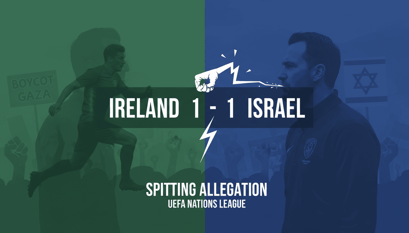 A graphic depicting the score of the UEFA Nations League match between Republic of Ireland and Israel, with protest imagery in the background.