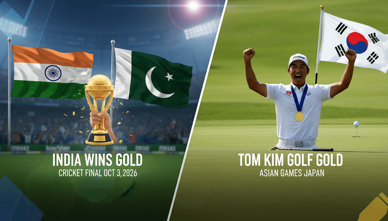 India cricket team celebrating their gold medal win at the Asian Games 2026 against Pakistan.