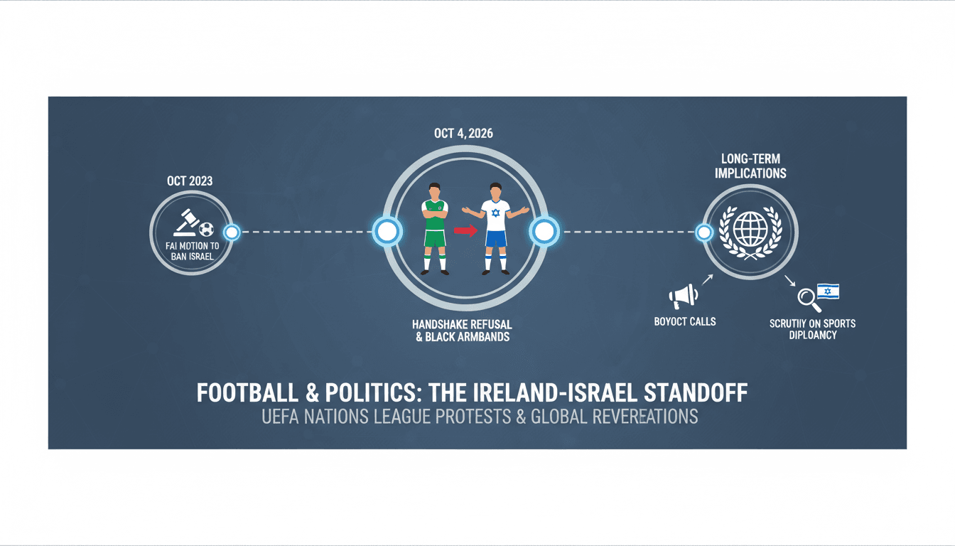Irish football team wearing black armbands during match against Israel, symbolizing political stance on Gaza conflict.