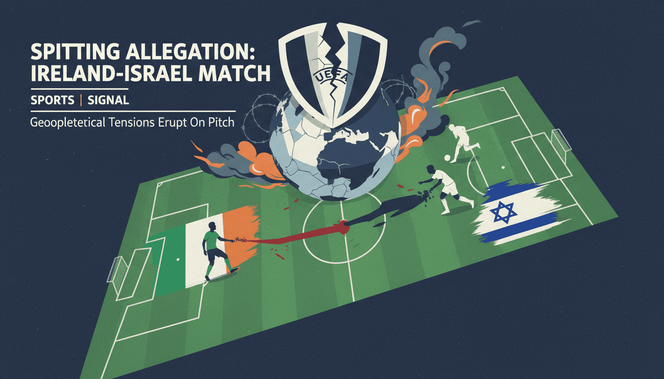 Graphic showing the Ireland-Israel UEFA match with political tension themes.