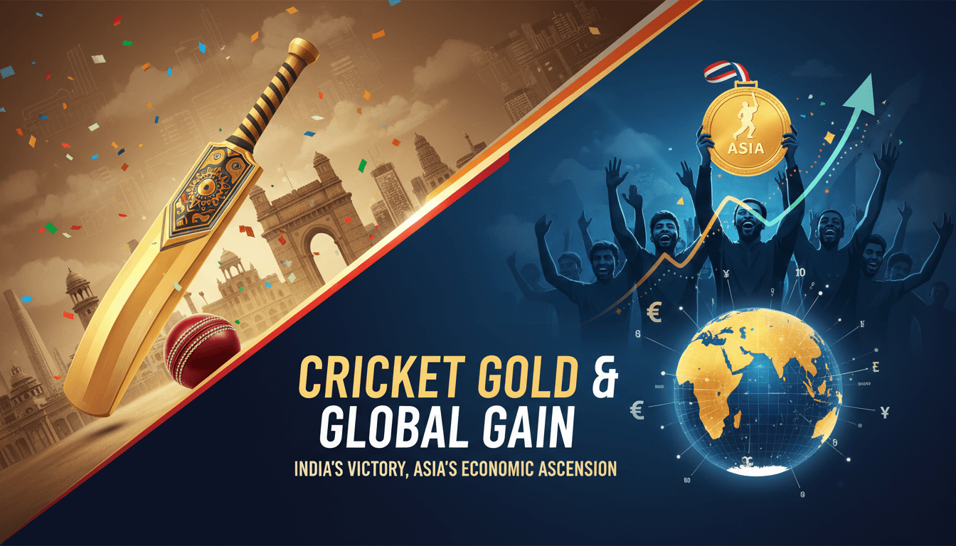 A cricket match scene highlighting India's victory, symbolizing cricket's cultural impact and economic significance.