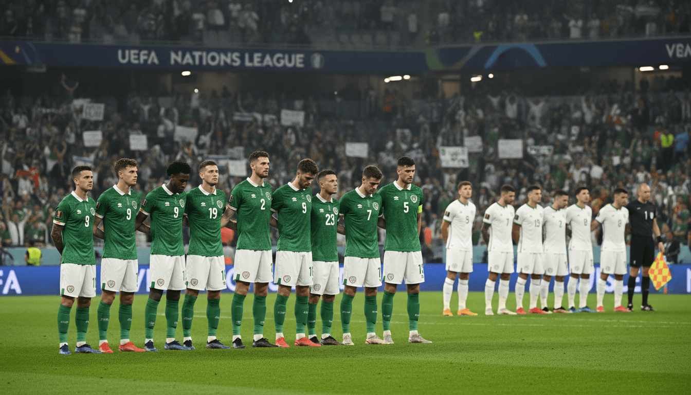 Irish football team wearing black armbands during protest against Israel in UEFA Nations League.