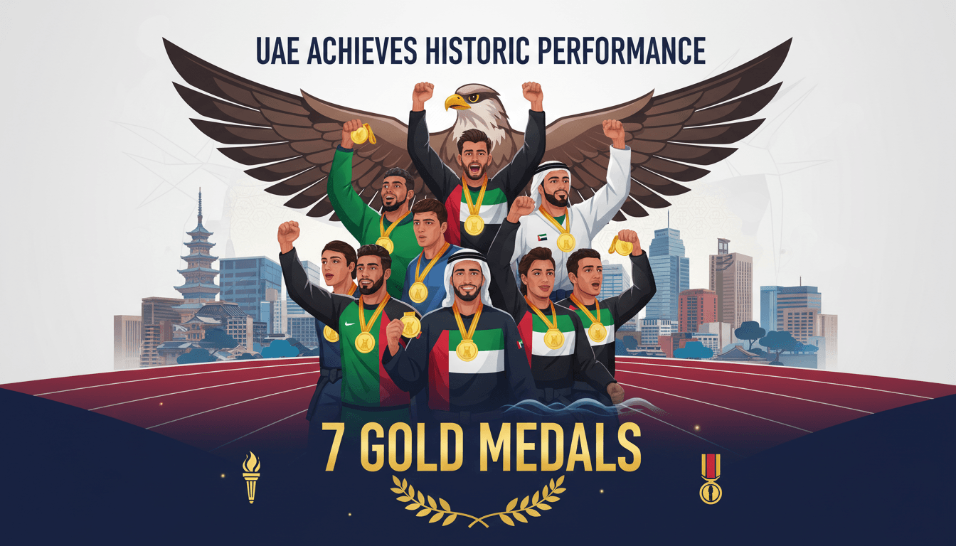 UAE athletes celebrating their record-breaking performance at the Asian Games, showcasing national pride and investment in sports.
