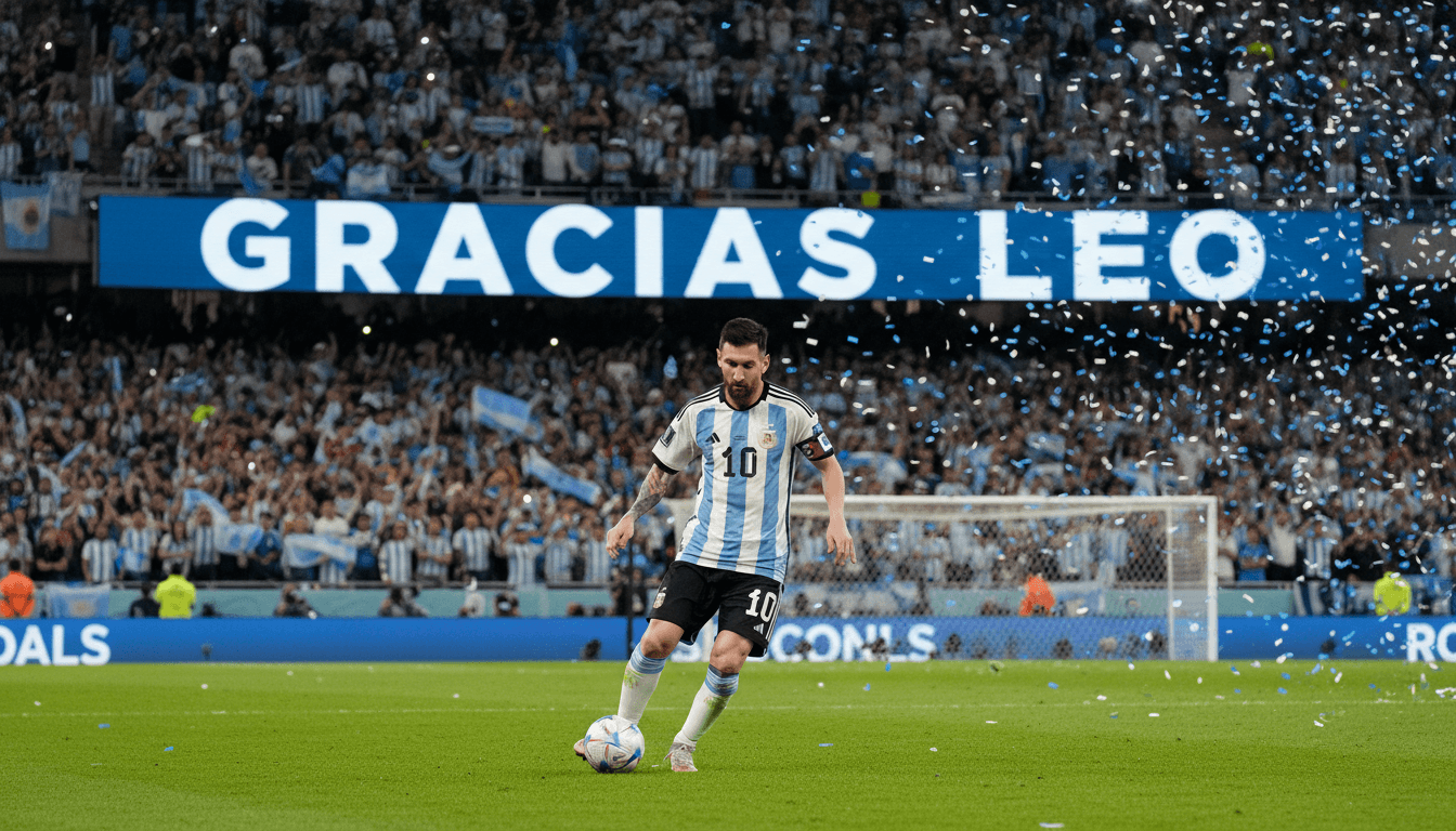 Lionel Messi during his farewell match, celebrating with fans at Estadio Monumental.