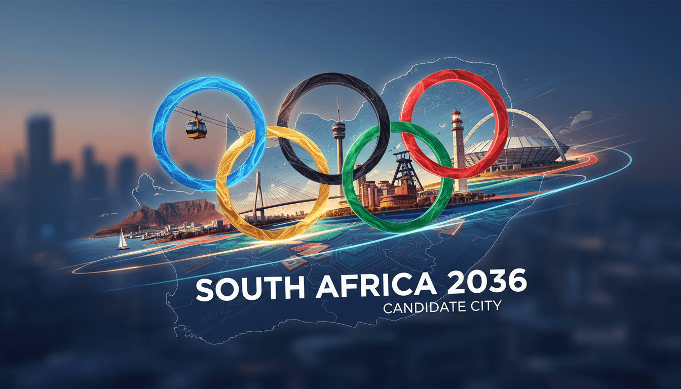 A visual representation of South Africa's bid for the 2036 Olympics featuring landmarks from Cape Town, Johannesburg, and Durban.