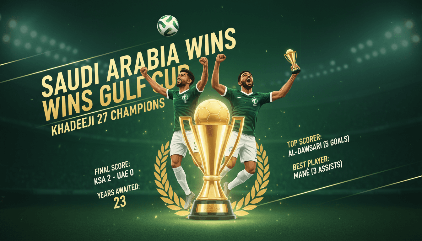 Saudi Arabia's football team celebrating their Khaleeji 27 victory with the trophy and individual awards.