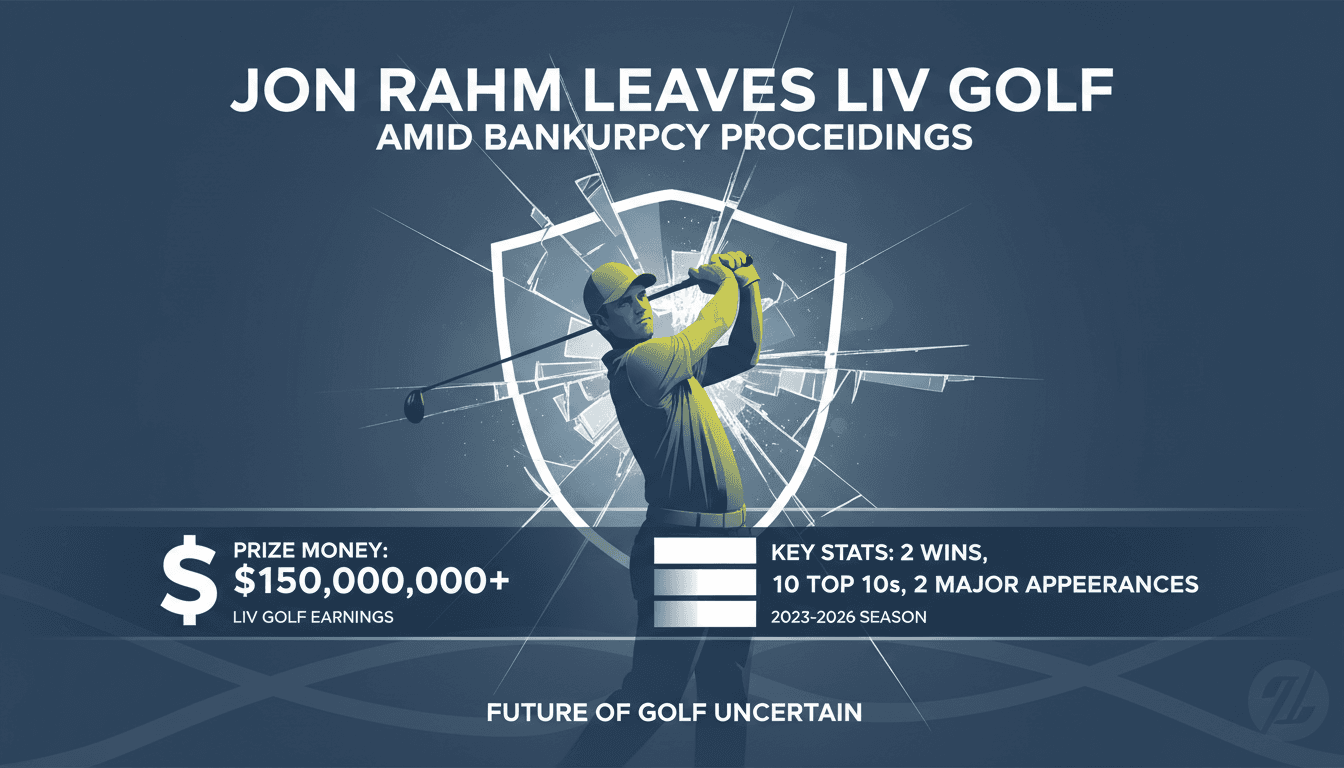 Jon Rahm celebrating a win, with LIV Golf branding in the background, highlighting his departure amid financial turmoil.