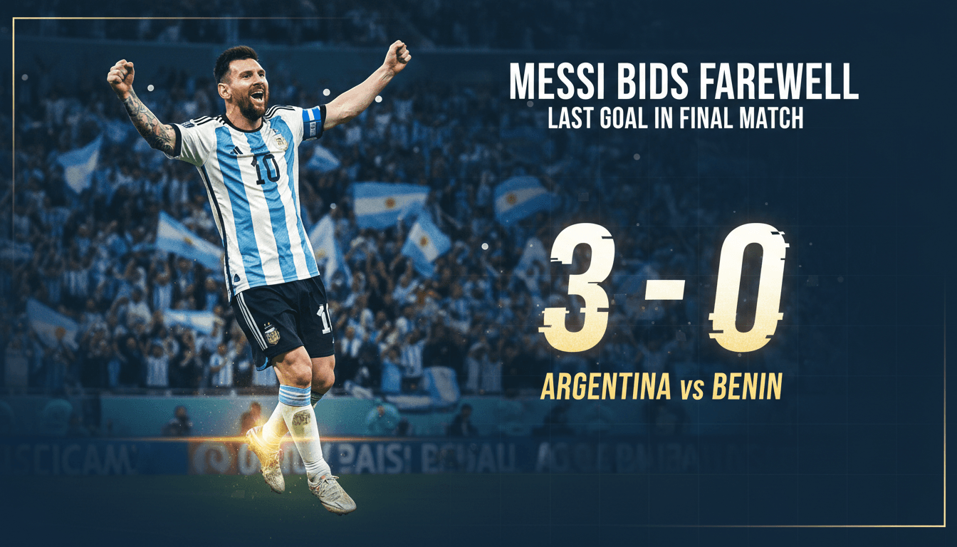 Lionel Messi celebrating his final goal during his last international match for Argentina.