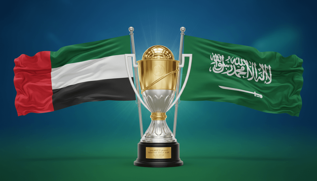 UAE President Sheikh Mohamed congratulating Saudi Arabia on their Arabian Gulf Cup victory, symbolizing regional sportsmanship.