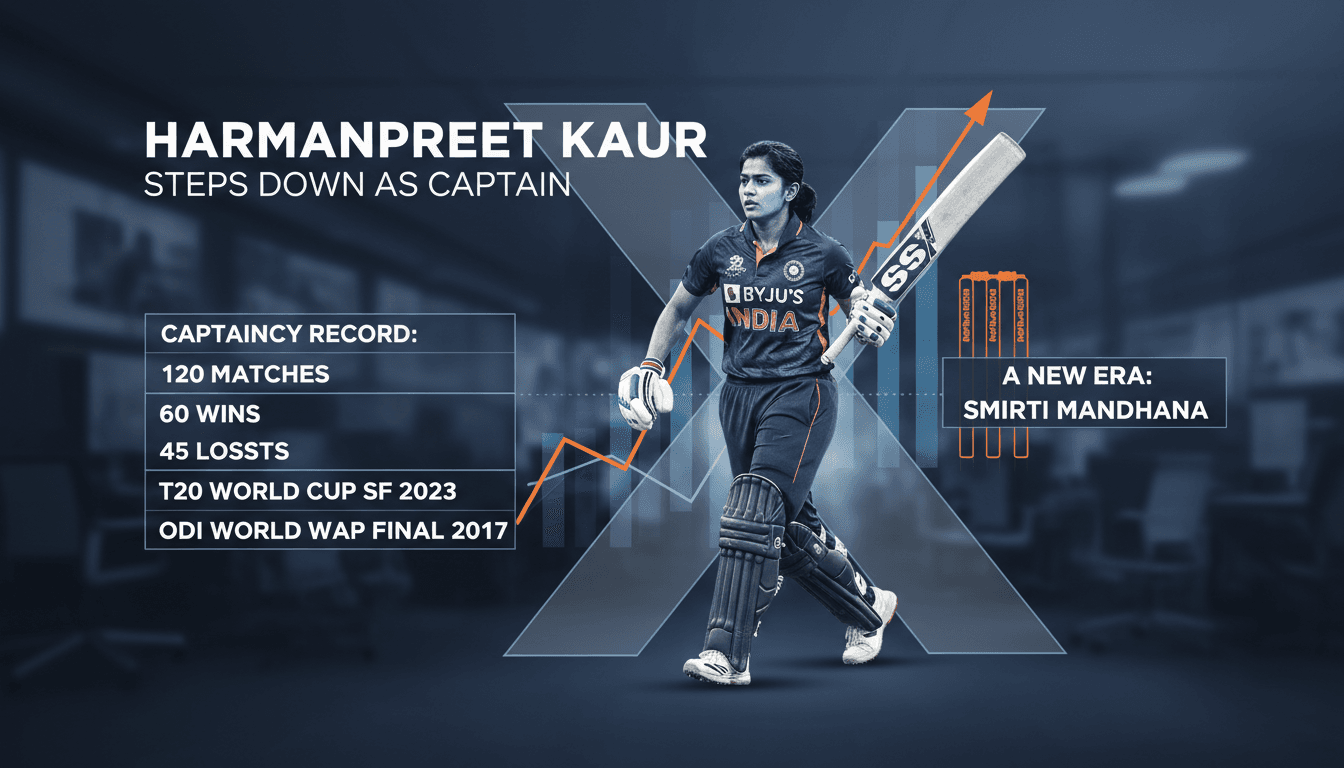 Harmanpreet Kaur announcing her resignation as captain of India's women's cricket team, with statistics on her leadership.