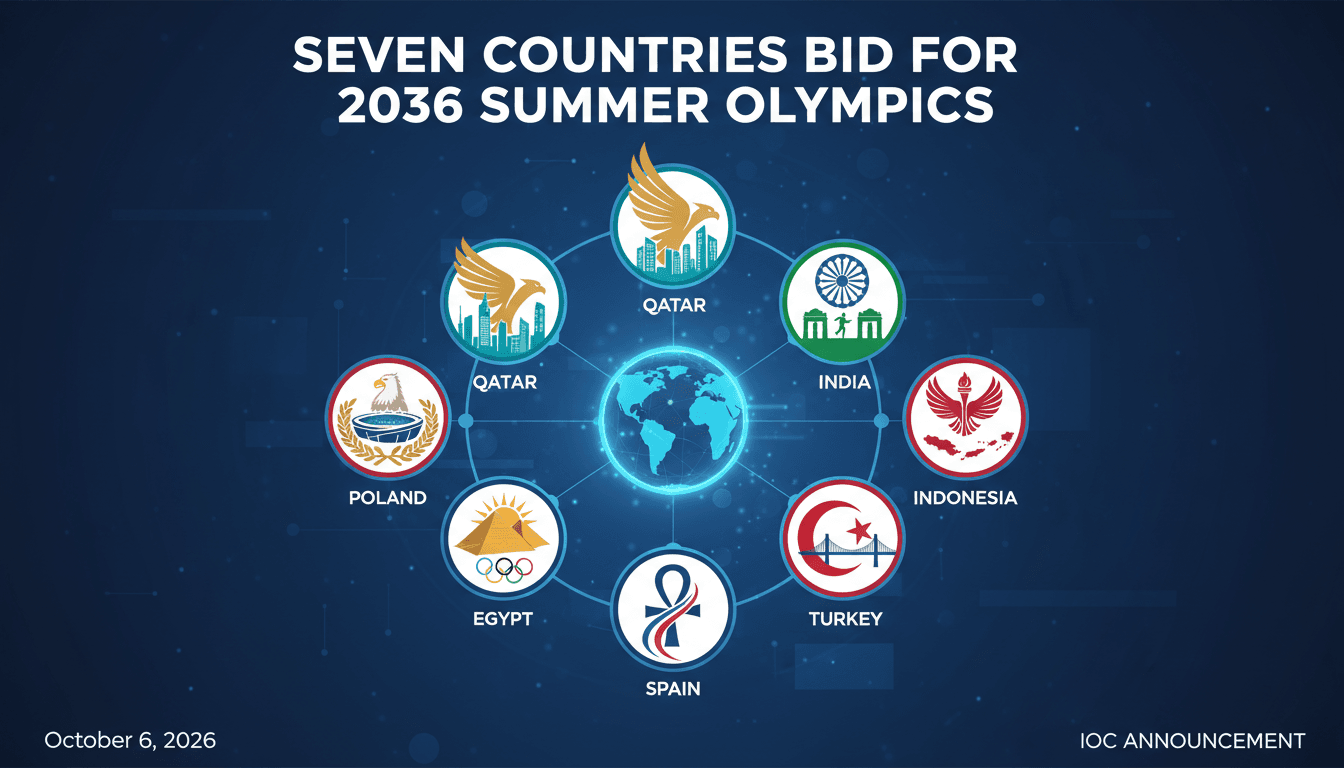 Infographic showing the seven countries bidding for the 2036 Summer Olympics, including Qatar and India.