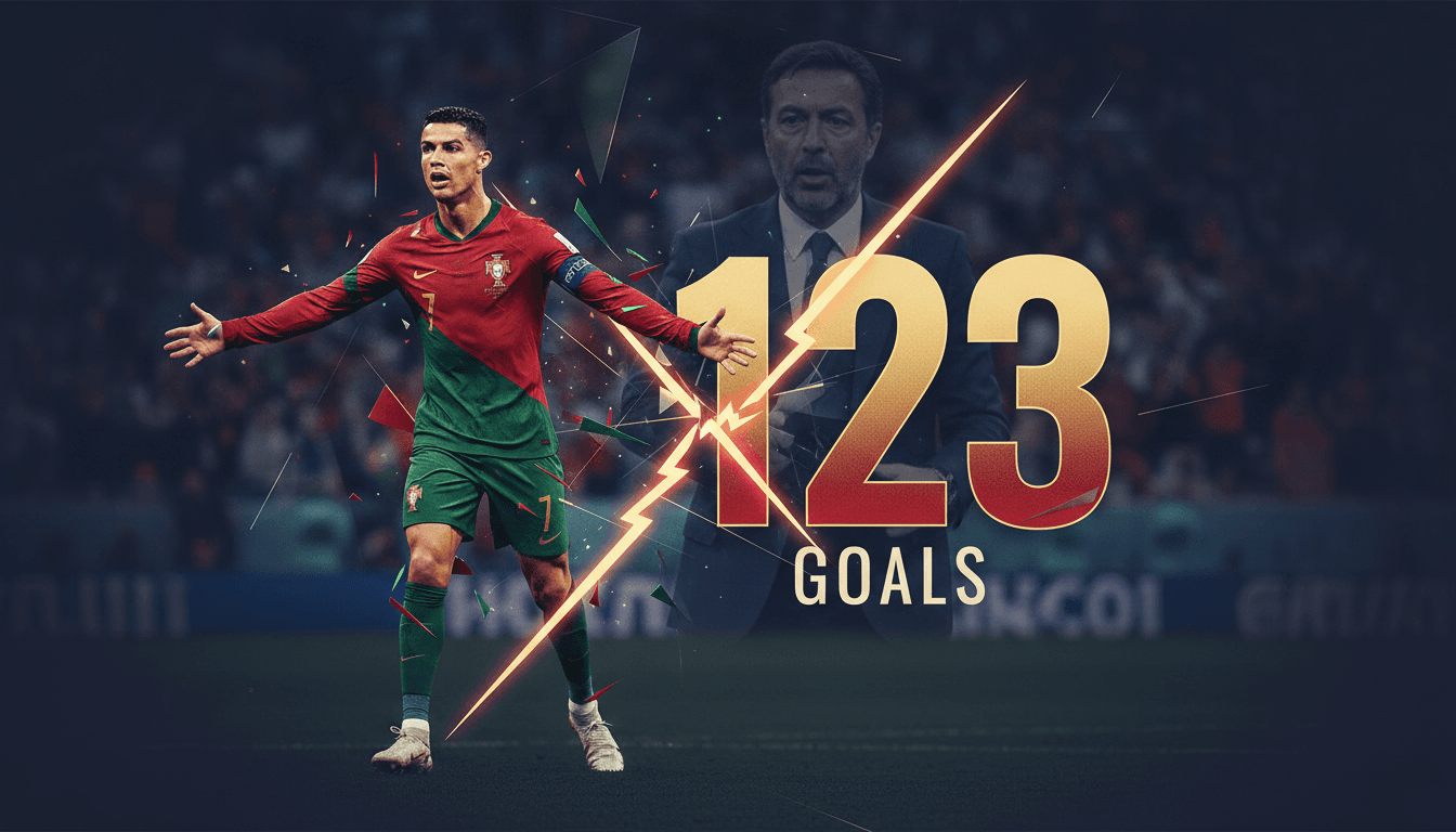 Cristiano Ronaldo in action for Portugal, highlighting his record goal tally and recent dispute with coach Jorge Jesus.