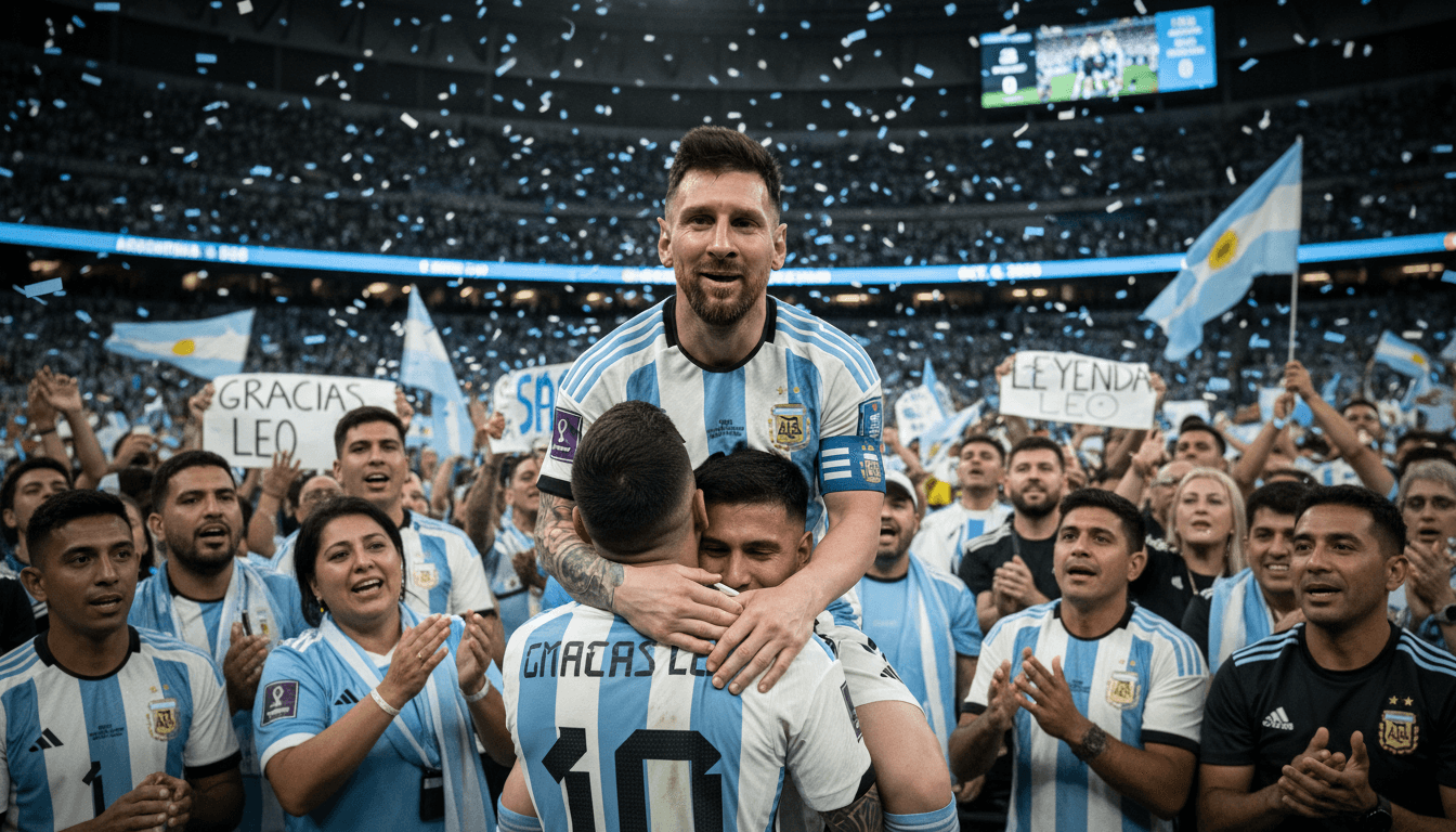 Messi in Argentina jersey during his farewell match, highlighting his retirement's impact on sports culture.