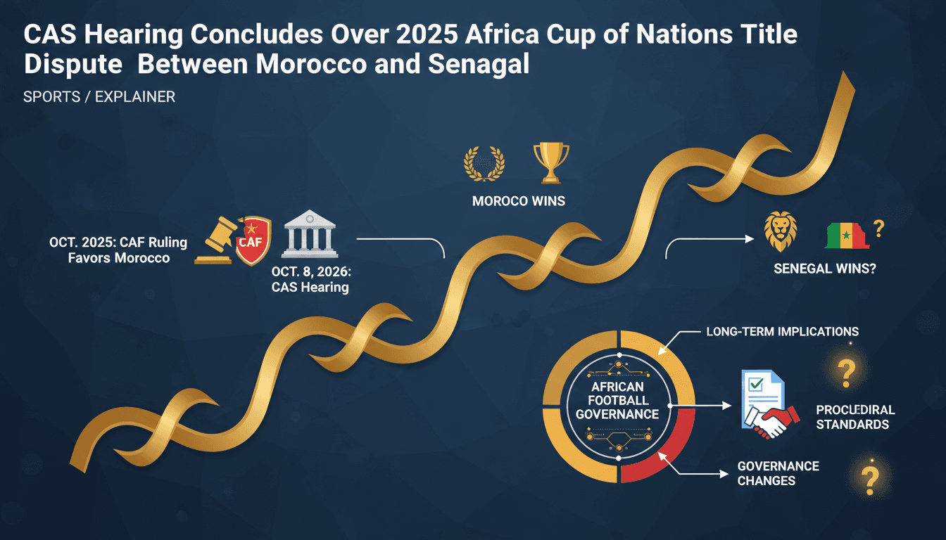 Infographic showing the timeline and implications of the CAS hearing on the Africa Cup of Nations title dispute.