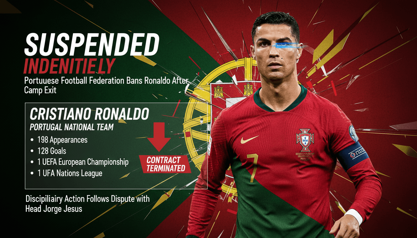 Cristiano Ronaldo in action, highlighting his suspension from the Portuguese Football Federation after leaving the national team camp.
