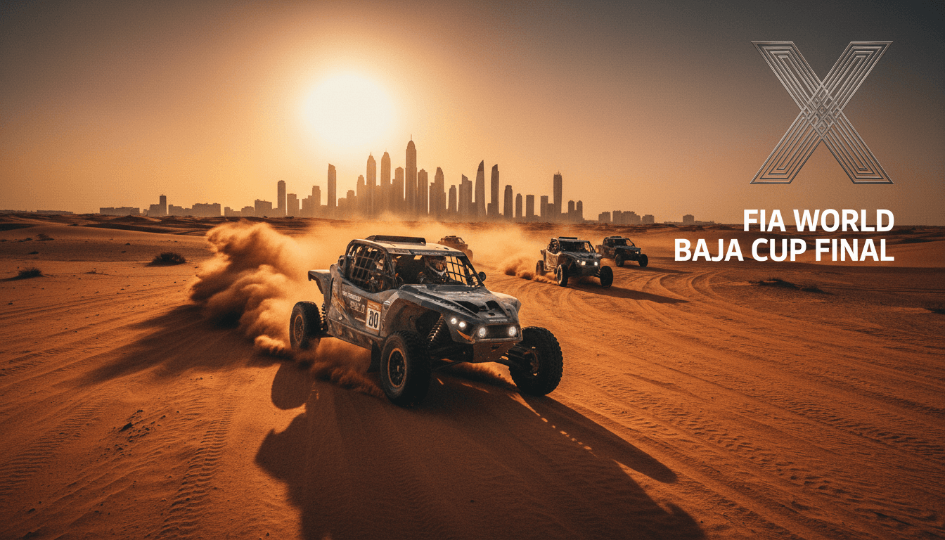 A thrilling scene from the Dubai International Baja Rally showcasing elite drivers racing through the desert.