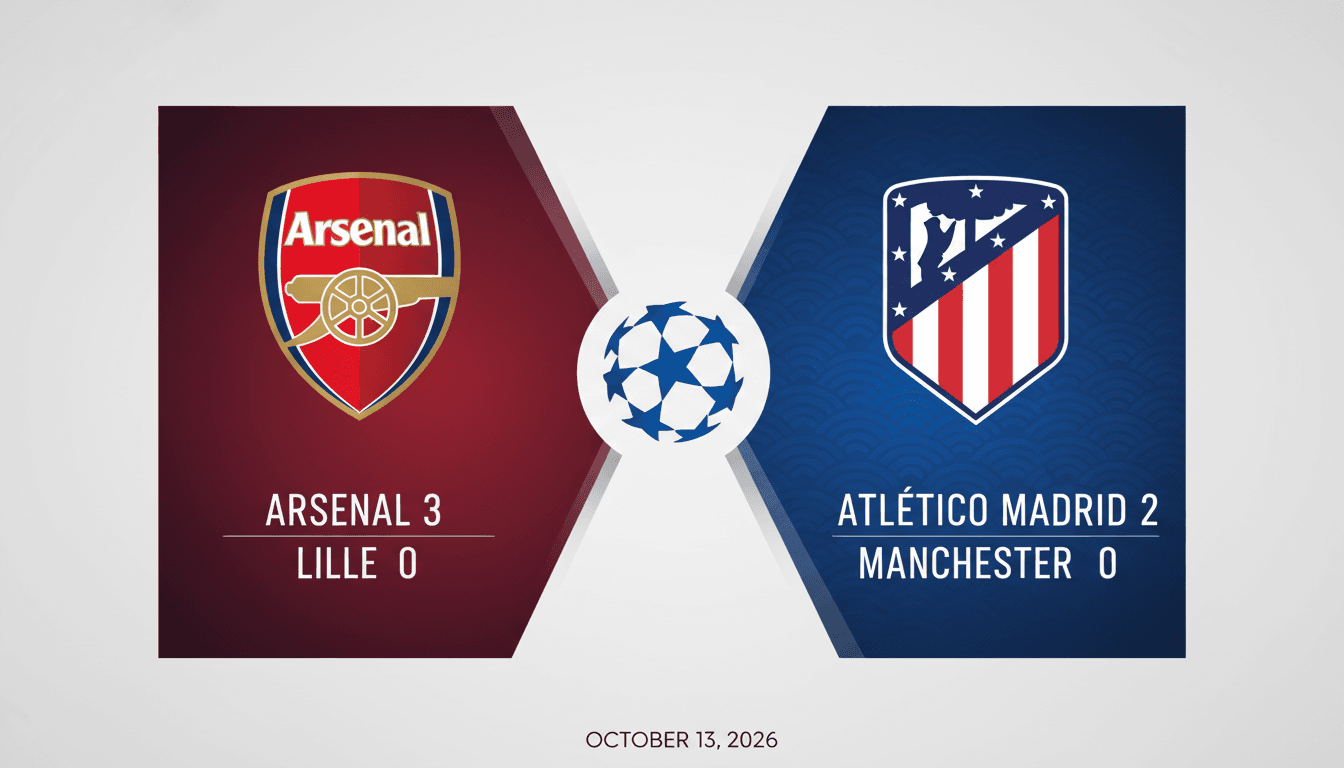 Arsenal and Atletico Madrid logos with match scores from UEFA Champions League games.