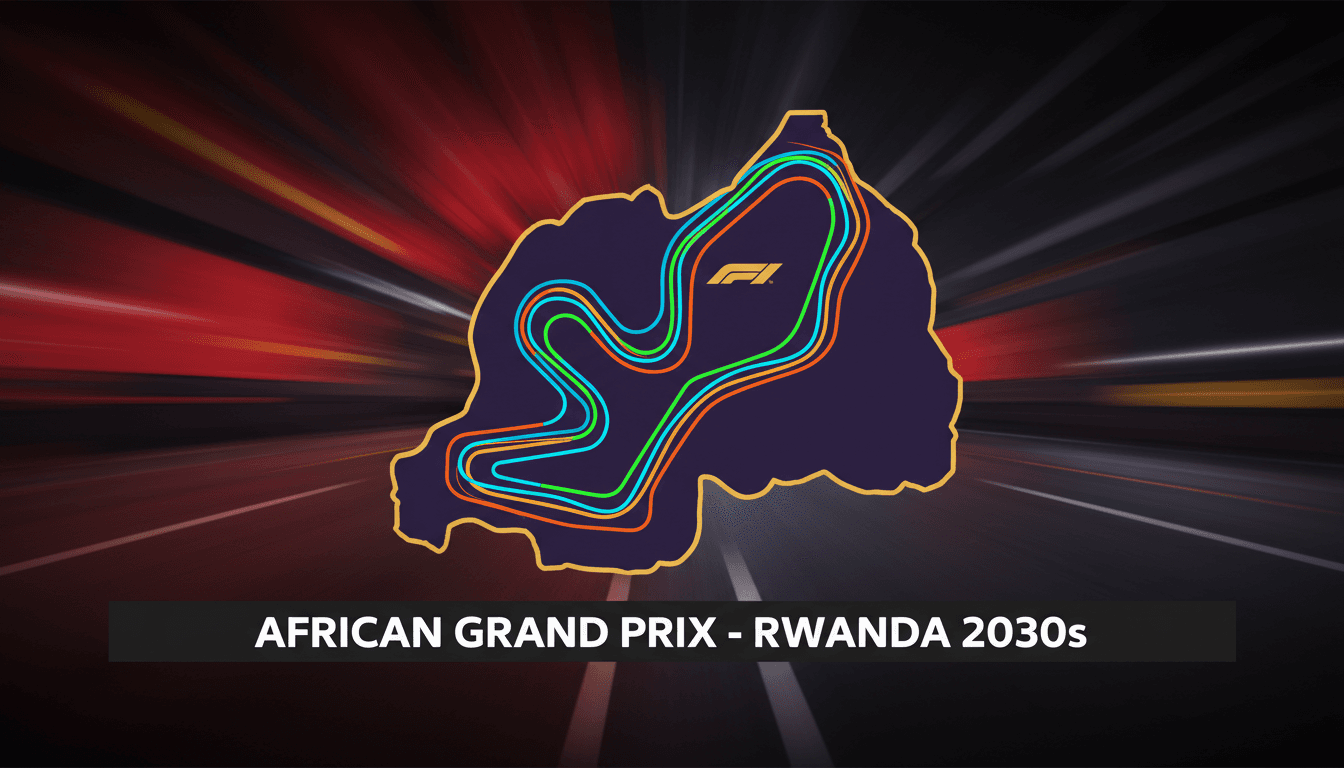A vibrant design of the new Bugesera circuit for the African Grand Prix, showcasing Formula One branding and excitement.